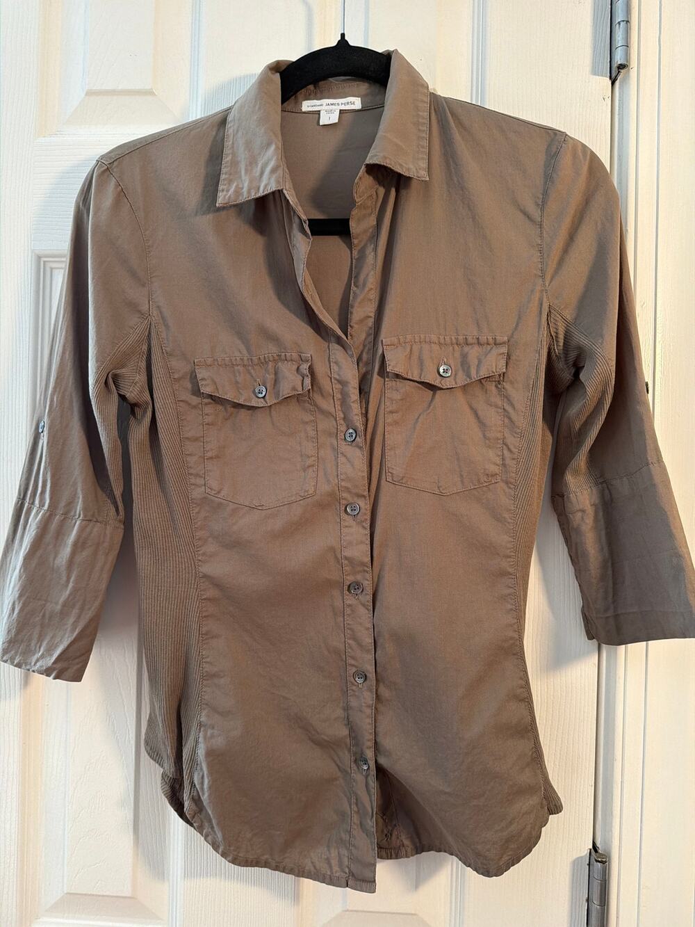 Standard James Perse Olive Taupe Button up shirt Size 1 (S)  3/4 roll tab